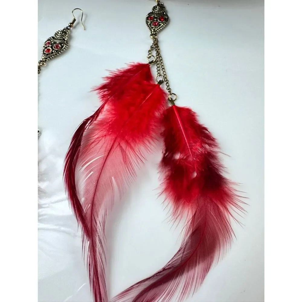 Red Feather Drop Earrings - Statement Feather Jewelry